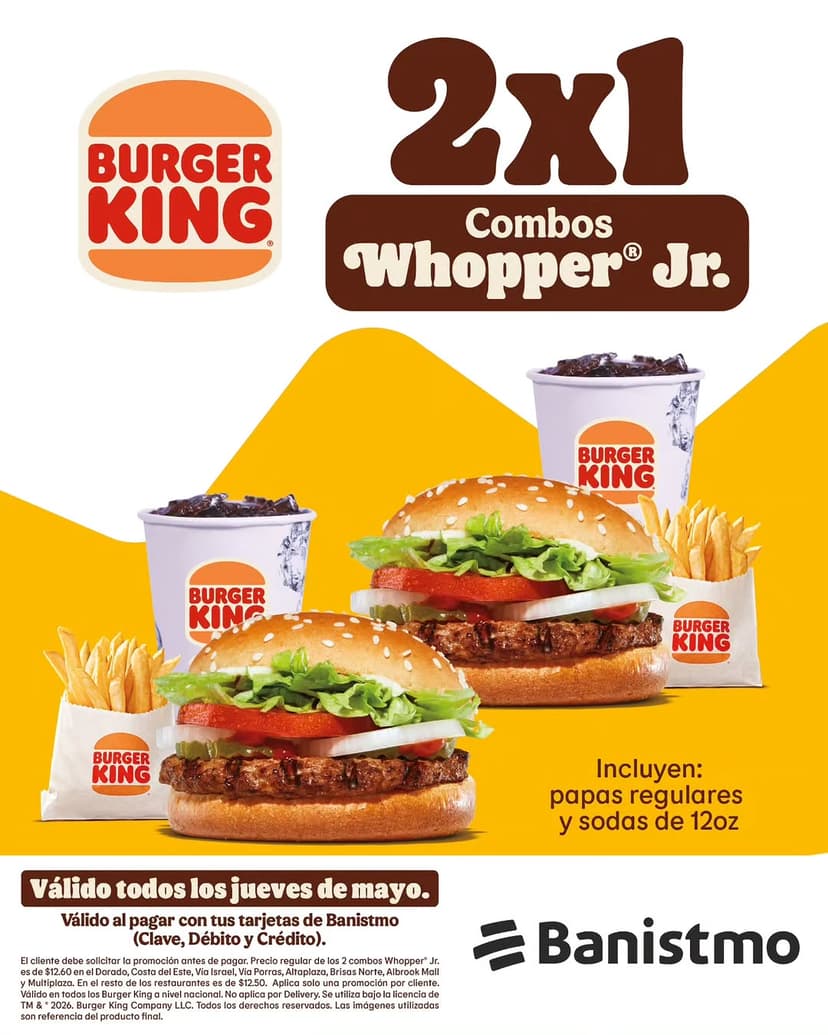 2x1 en Combos Whopper Jr. en Burger King