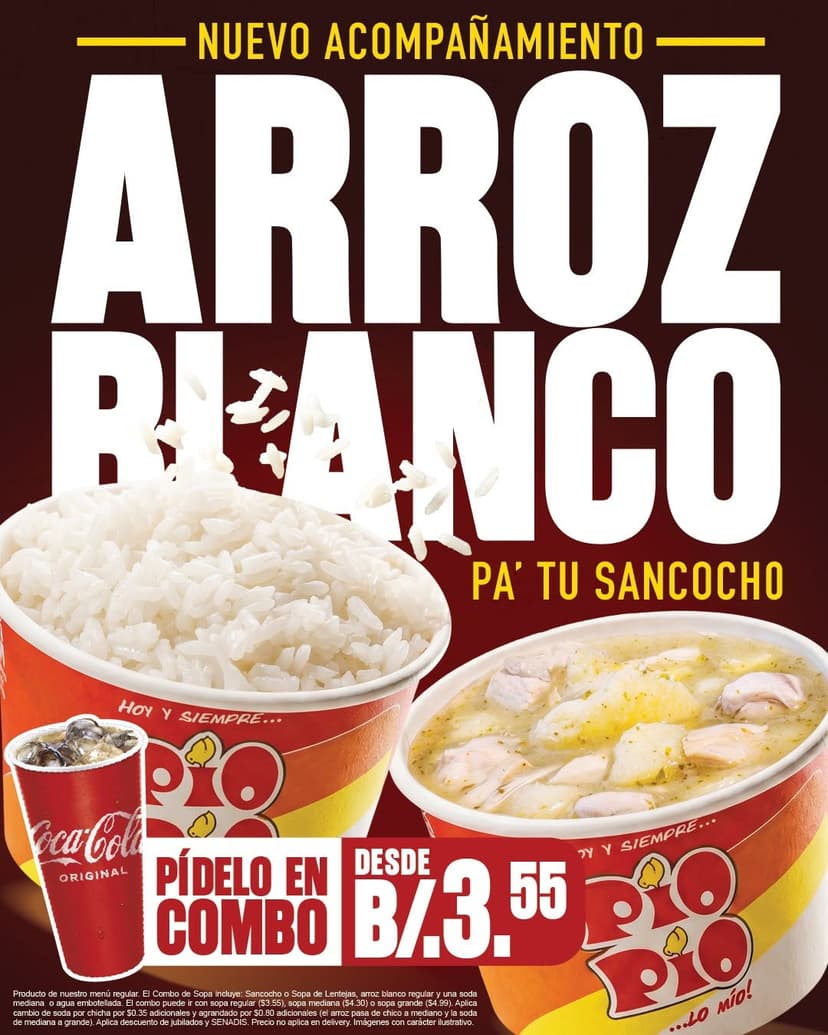 Nuevo Combo de Sopa con Arroz Blanco en Pío Pío