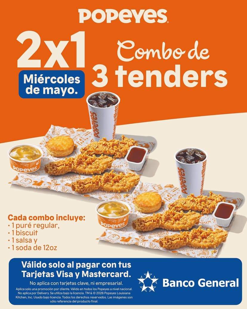 2x1 en Combo de 3 Tenders en Popeyes