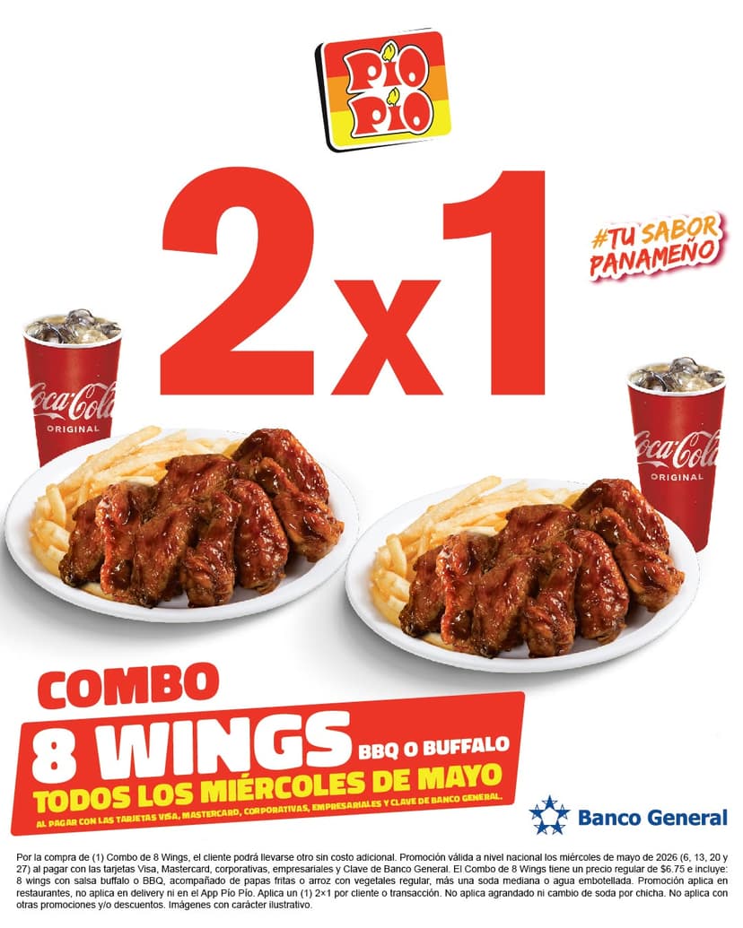 2x1 en Combo de 8 Wings en Pío Pío con Banco General