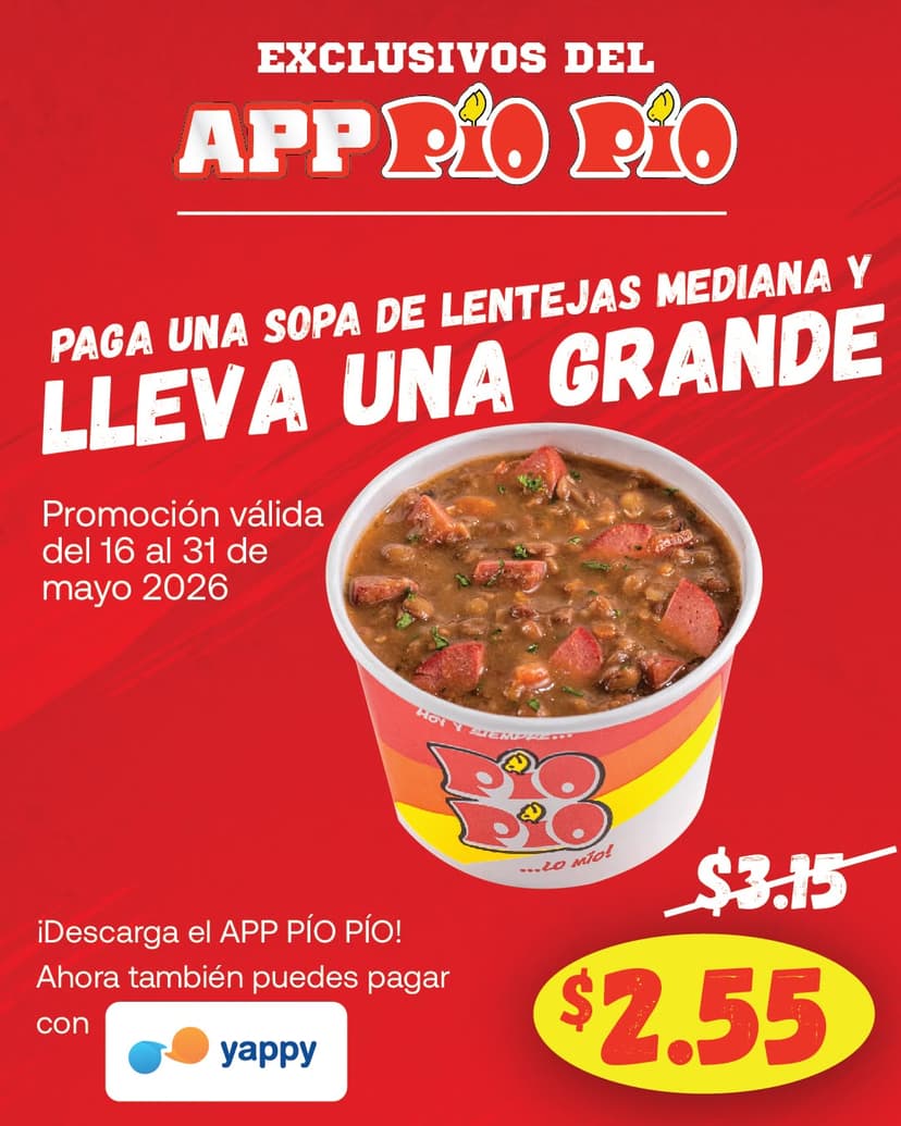 Sopa de Lentejas Grande a precio de Mediana en App Pío Pío