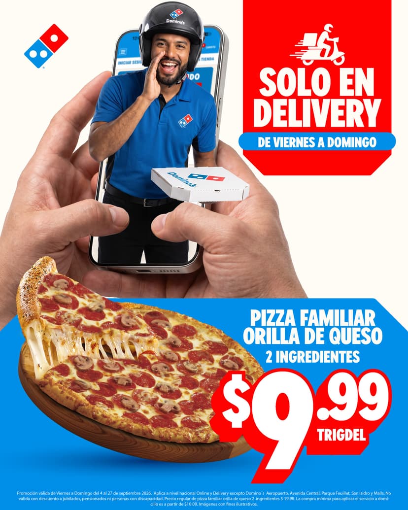 Pizza Familiar Orilla de Queso 2 ingredientes por $9.99
