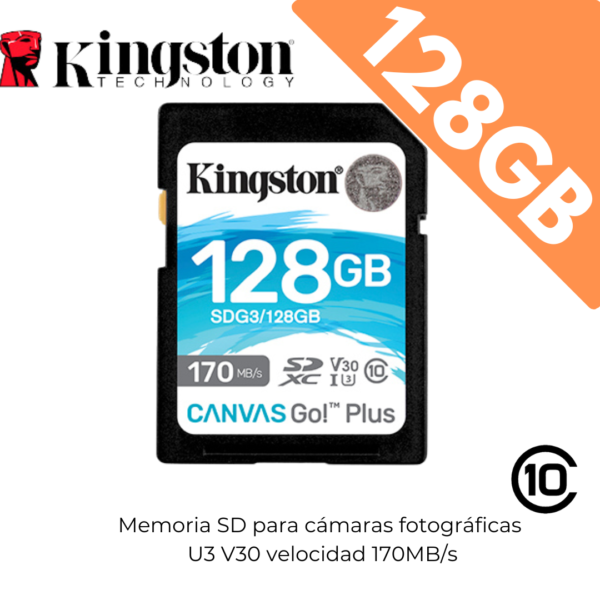 Memoria SD 128GB marca kingston para cámaras fotográficas