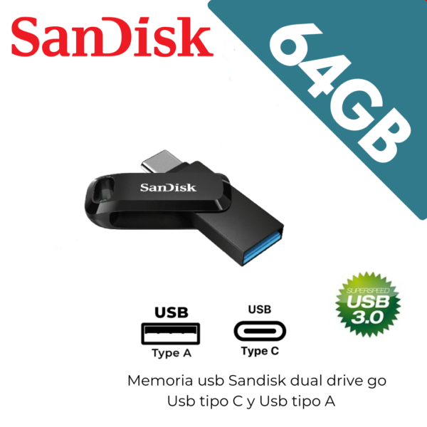 Memoria Usb 64GB Sandisk Modelo Dual Drive Go Tipo A y Tipo C